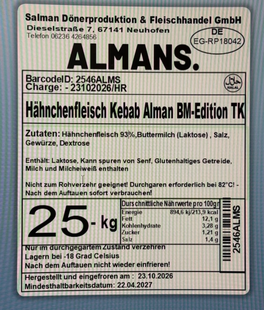 Originaletikett unseres Spießes von Salman: Hähnchenfleisch Kebab Alman BM-Edition
